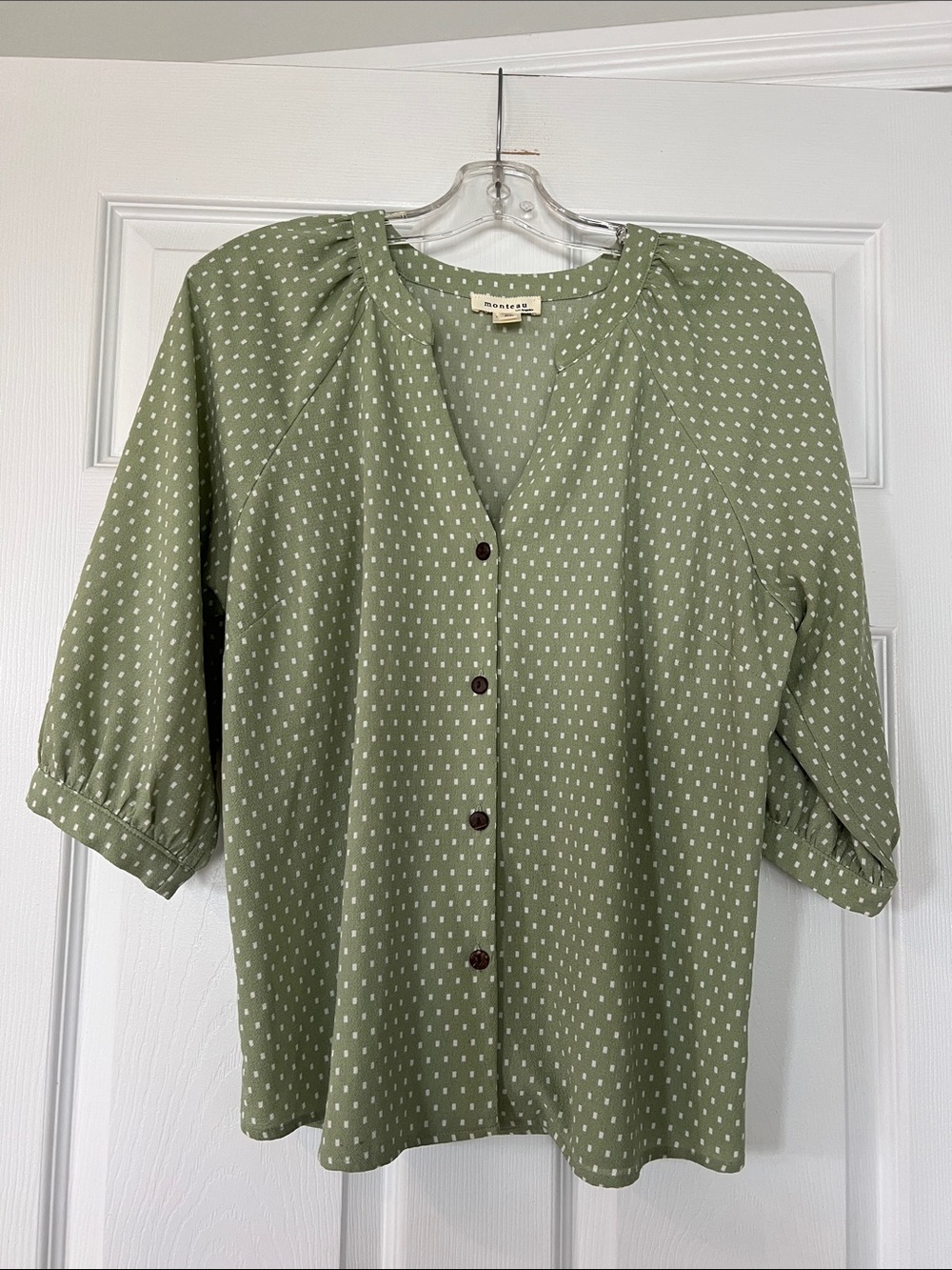 Monteau Olive Green Dot Button-Front Blouse